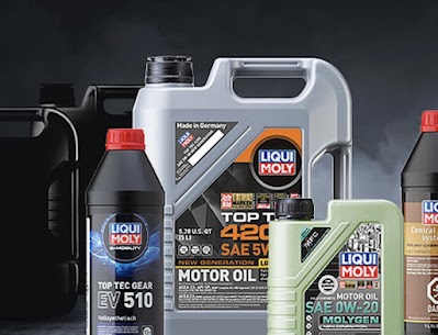 Liqui Moly oil containers shown in a service post
